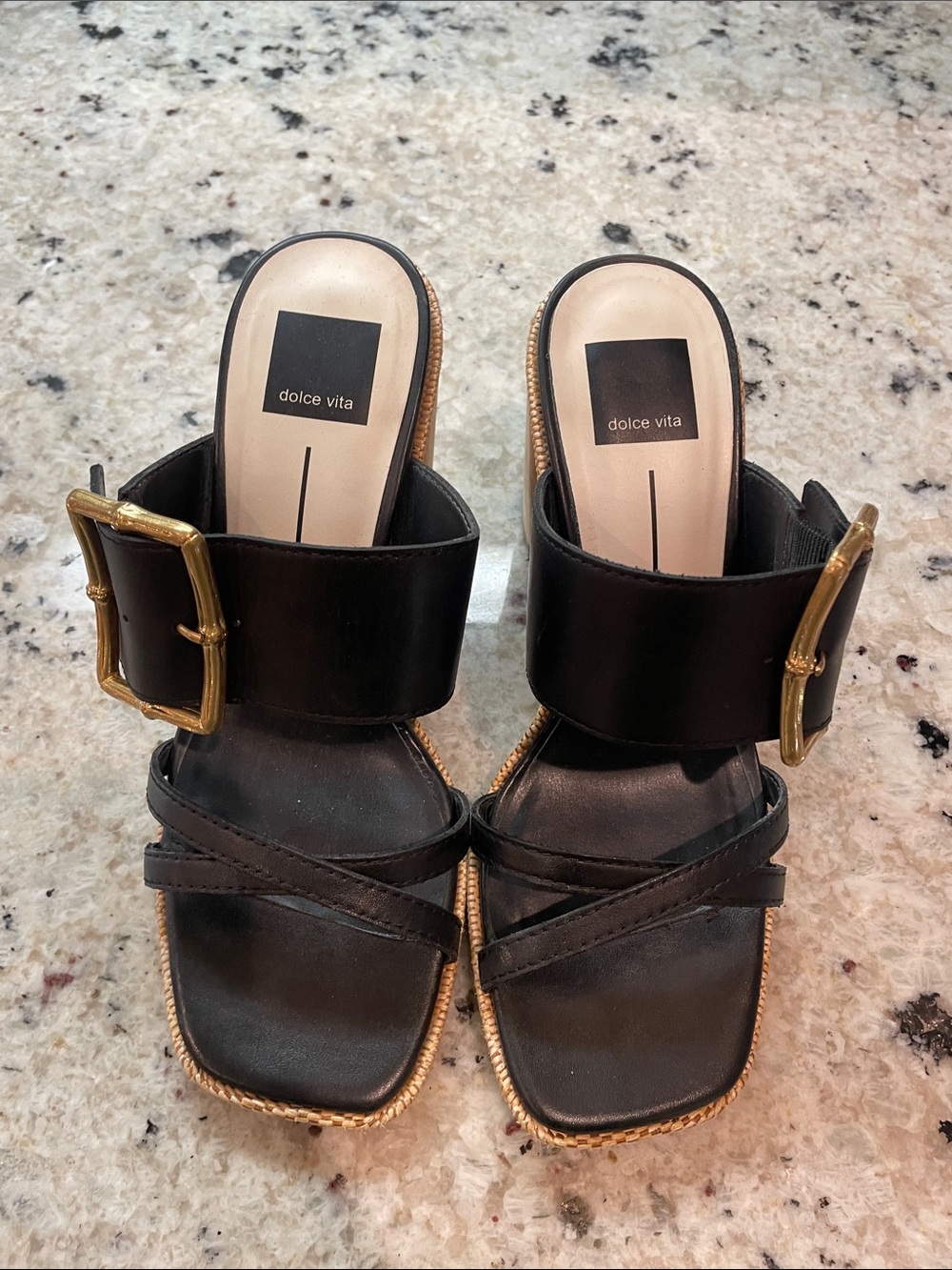 Dolce Vita Black Leather Slide Sandals with Gold Buckle